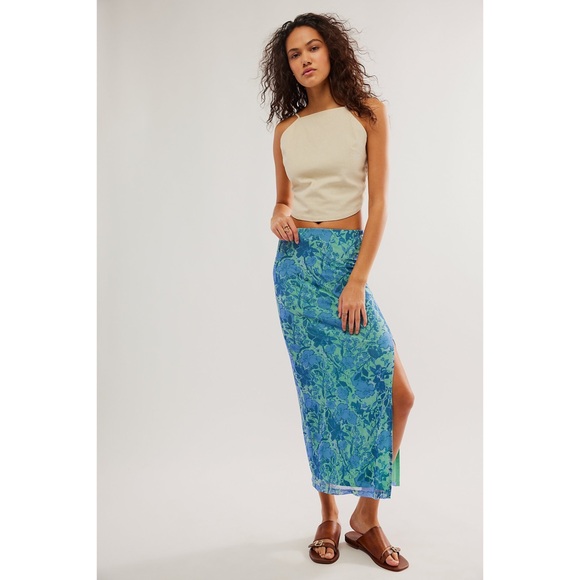 NWT Free People Rosalie Mesh Midi Skirt in Teal Combo Blue - Picture 1 of 6